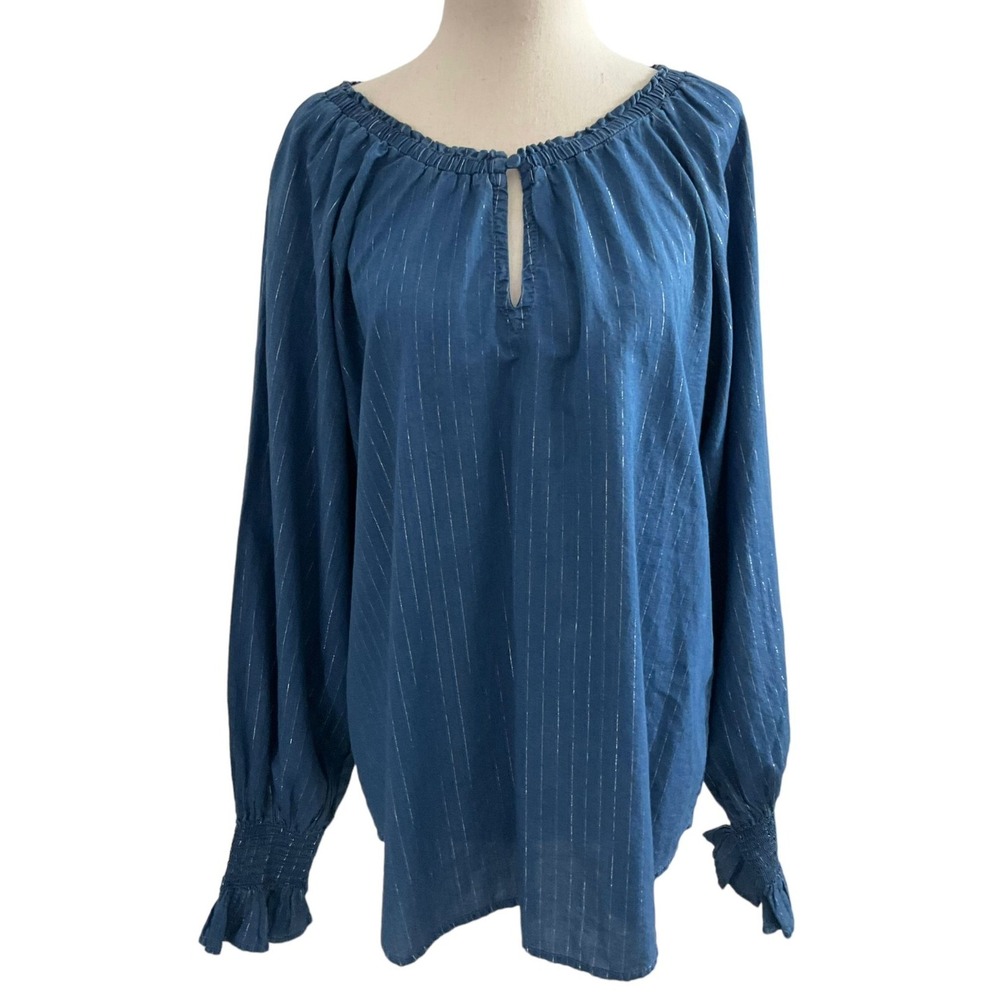 White House Black Market Blue Metallic Pinstripe Peasant Blouse Top | 0195